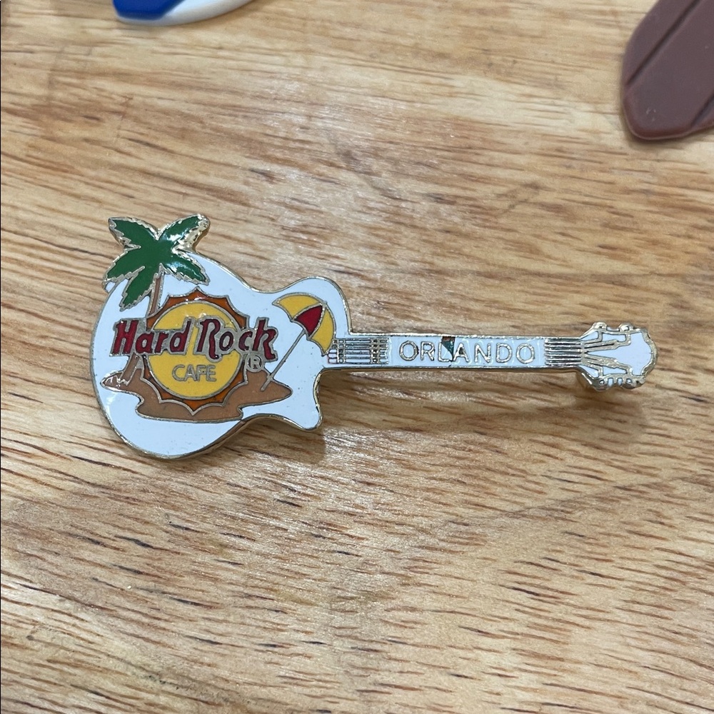 Hard Rock Cafe White Guitar Pin with Green Palm and Yellow Logo